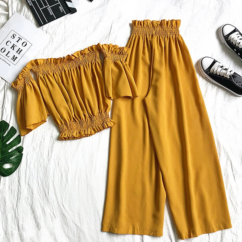 Short Sleeved Off Shoulder Exposed Navel Waist Collection Crop Top+Flower Bud Elastic Waist Wide Leg Pants Sets Summer Sweet