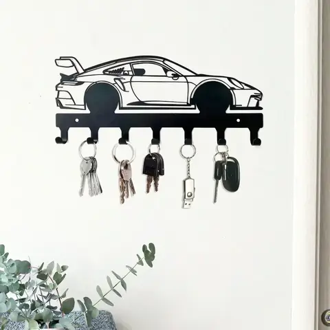 1-Piece Black Racing Car Metal Wall Art with Key Hooks – Modern Decor for Bedrooms, Living Rooms & Bathrooms | Waterproof,