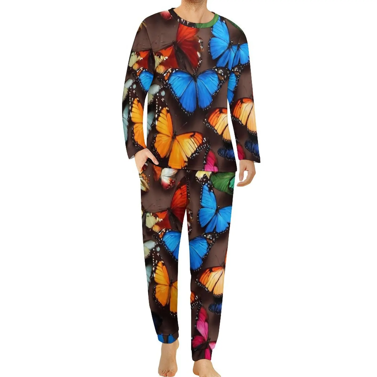 

Contrast Color Pajamas Men Butterfly Print Lovely Home Suit Autumn Long Sleeve 2 Piece Casual Graphic Pajama Sets Big Size 5XL