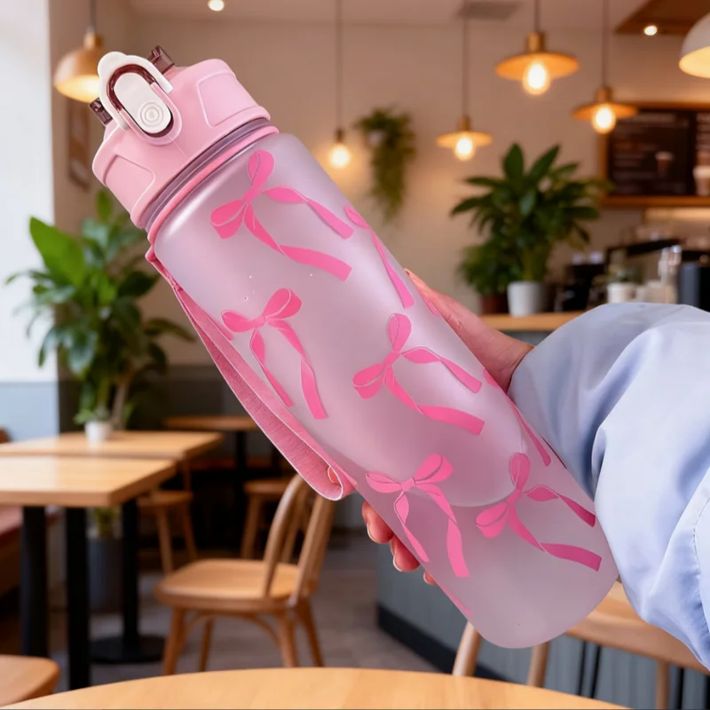 750ML Matte PC Water with Cute Bowknot Pattern Leakproof Includes Straw and Carry Handle Spring-Loaded Lid Bottle view 6
