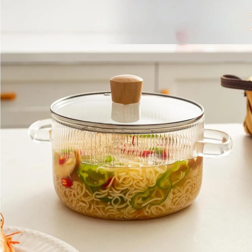 Olla de cocina de vidrio con tapa, cacerola de vidrio resistente al calor de 1,6 L con asas dobles, olla antiadherente para sopa, leche, herramientas de cocina