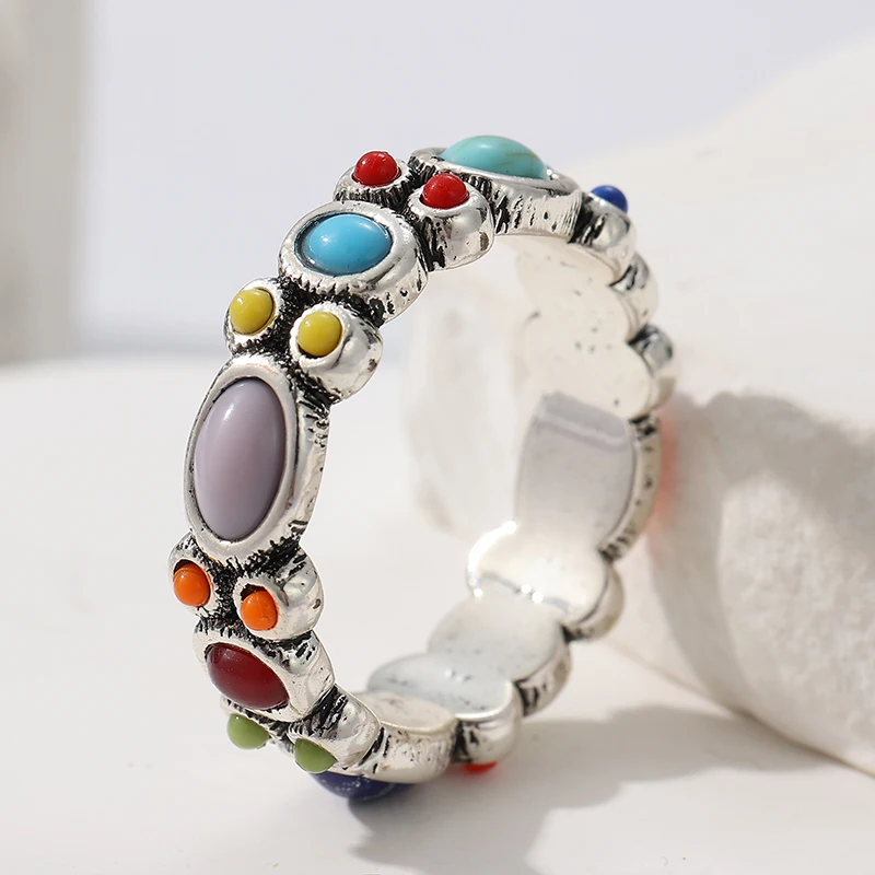 Vintage-Ring für Damen mit mehrfarbigen eingelegten Steinen, ethnische Silberfarbe, geometrisch, für den täglichen Gebrauch, Partyschmuck, Jubiläumsgeschenk – Detail 2
