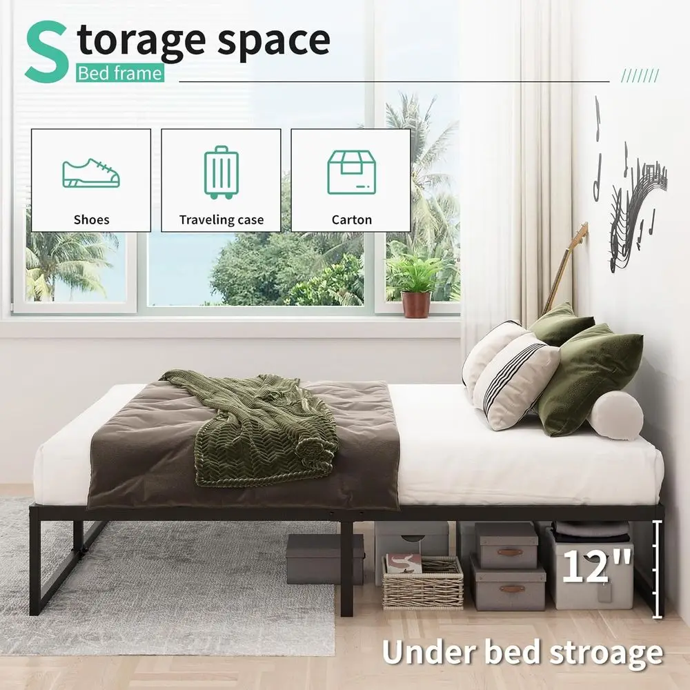 إطار سرير معدني بحجم كوين مع شرائح فولاذية شديدة التحمل، لا يتطلب صندوق زنبركي، سهل التجميع، أسود #3