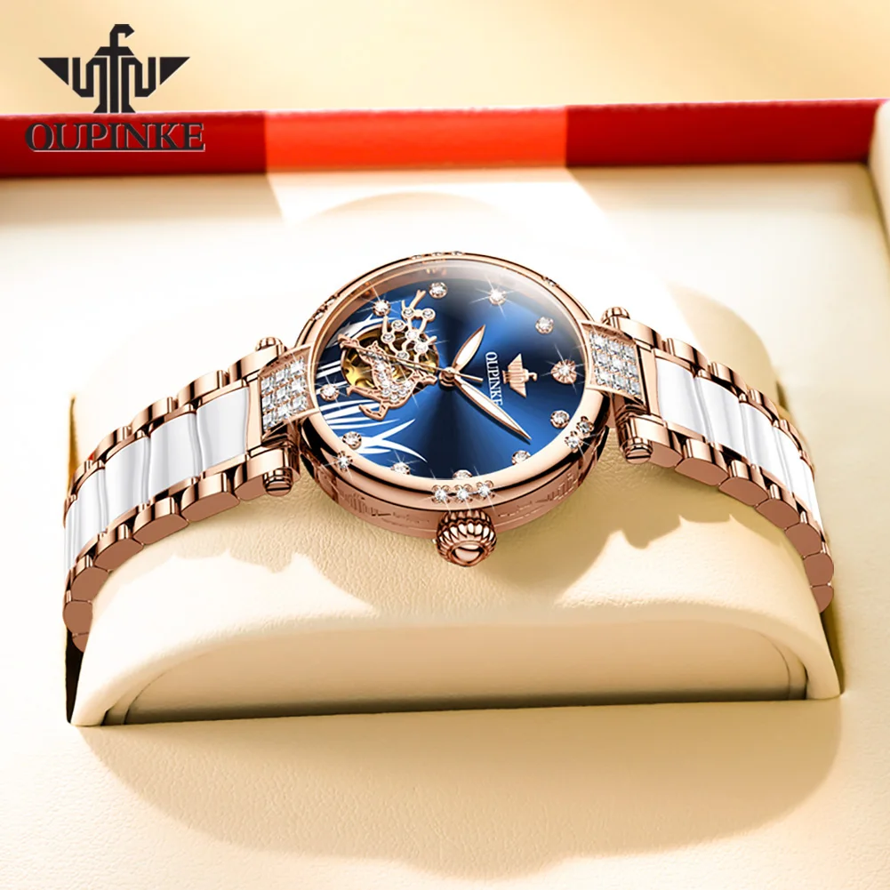 OUPINKE 3211 Automatic Watches for Women Skeleton Diamond Dial Luxury Elegant Ceramic Strap Luxury Ladies Mechancial Wristwatch