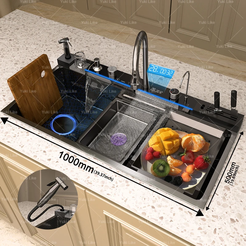 حوض مطبخ شلال من الفولاذ المقاوم للصدأ جديد مع رف تصريف شاشة ديجيتال فتحة واحدة كبيرة أحواض غسيل الأطباق وعاء الغسيل #2