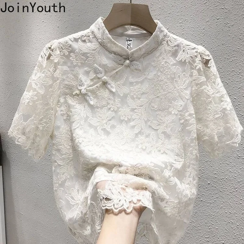 Chiffon Lace Blouse Women Short Sleeve Stand Neck Vintage Shirts 2023 Blusas Mujer De Moda Korean Summer Blouses Tops Femme