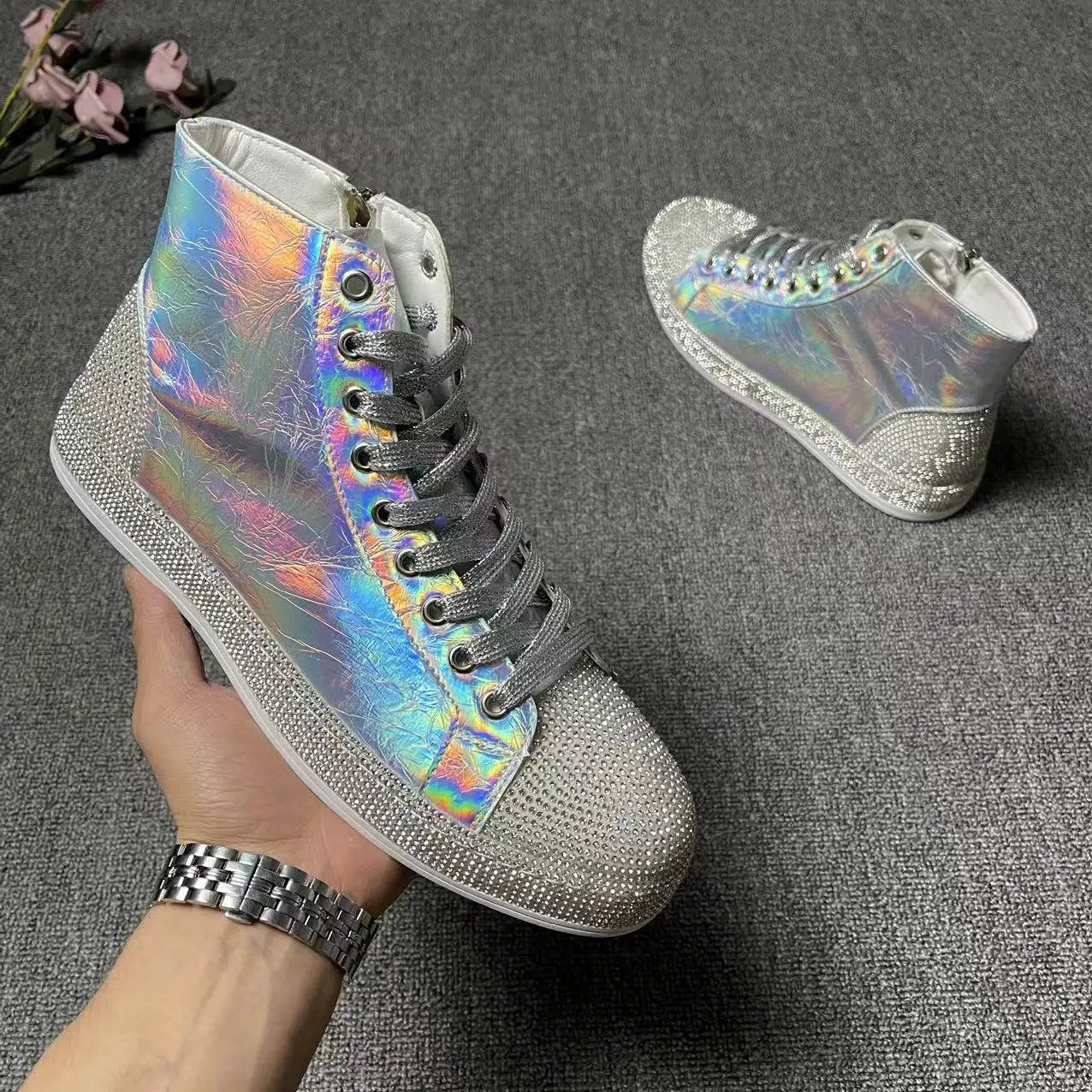 Patchwork Round Head Crystal Sneakers Male Cover Heel Men Casual Shoes Fall Zipper Flats Fashion Slip on Dress Shoes