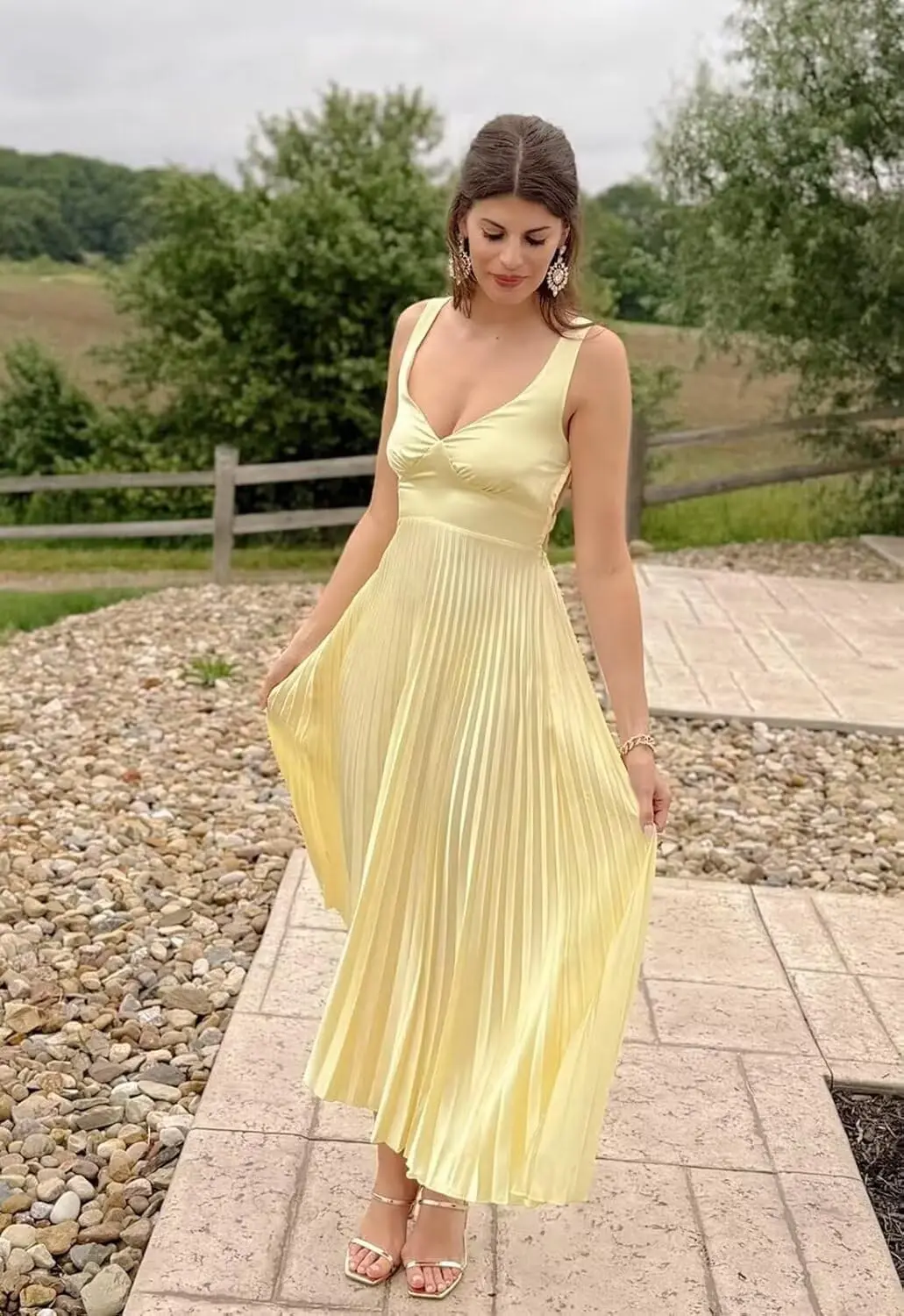 V -  Neck Ankle - Length Pleated Bridesmaid Dresses for Women Satin V Neck Long A Line Formal Gowns IMC093 Evening Dresses