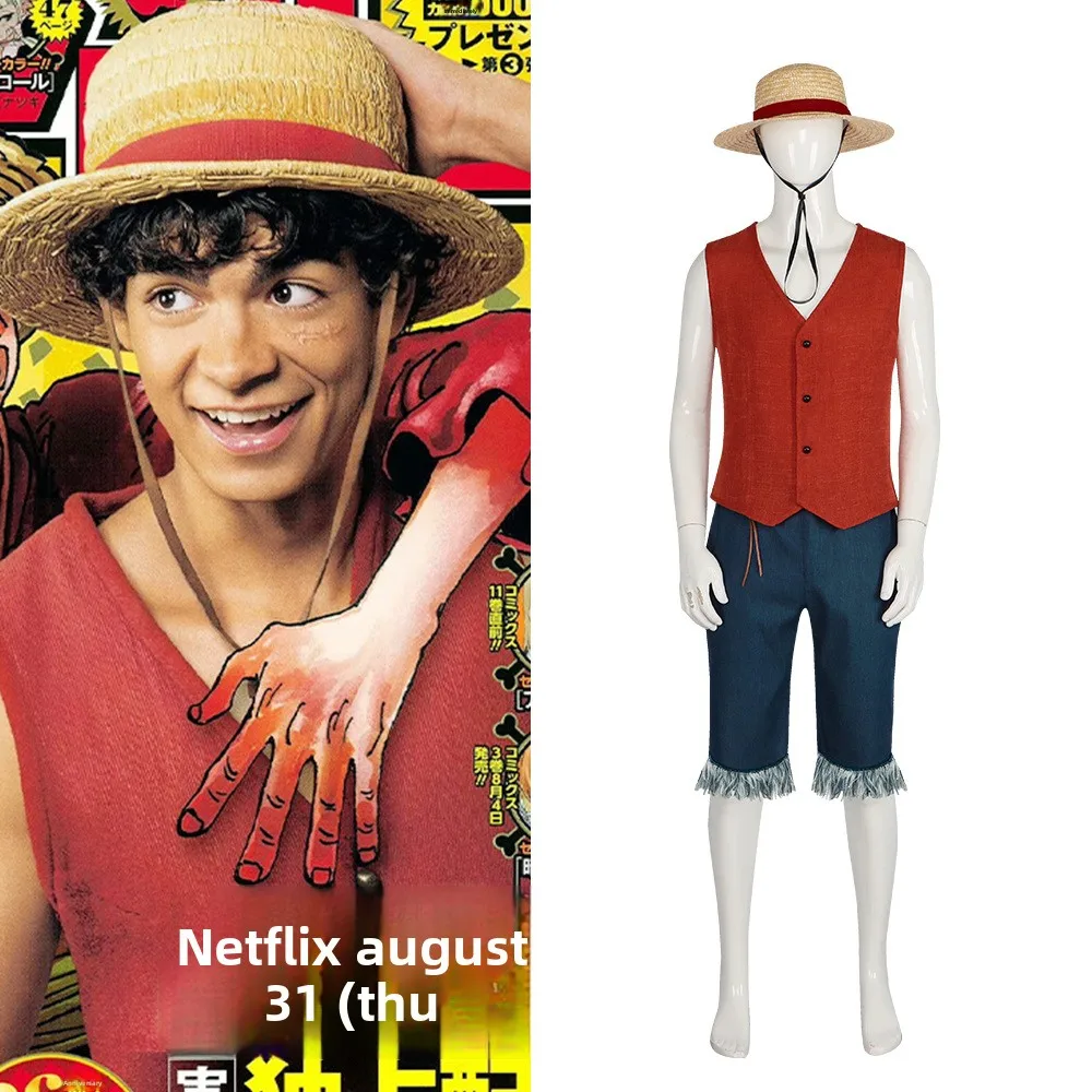Disfraz de Cosplay para Hombre, Versión Real de la Película, Rey Pirata, Sombrero de Paja, Chaqueta, Ropa de Juego de Rol para Halloween, Material de Poliéster