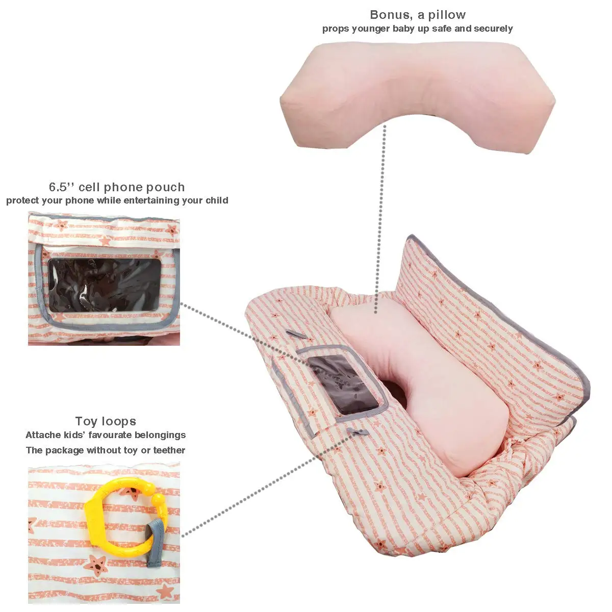 2-in-1 Baby Shopping Cart Cover with Phone Holder, Easy Attach & Remove, Pink Strip Star Design
