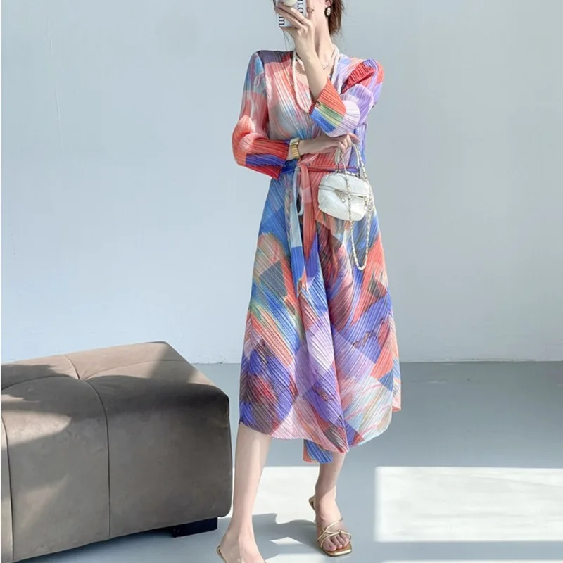 Miyake 2025 Herbst Neue Gedruckt Plissee frauen Kleider Krawatte Taille Temperament Französisch Elegante Lange Kleid Europa Falten-Freies kleidung