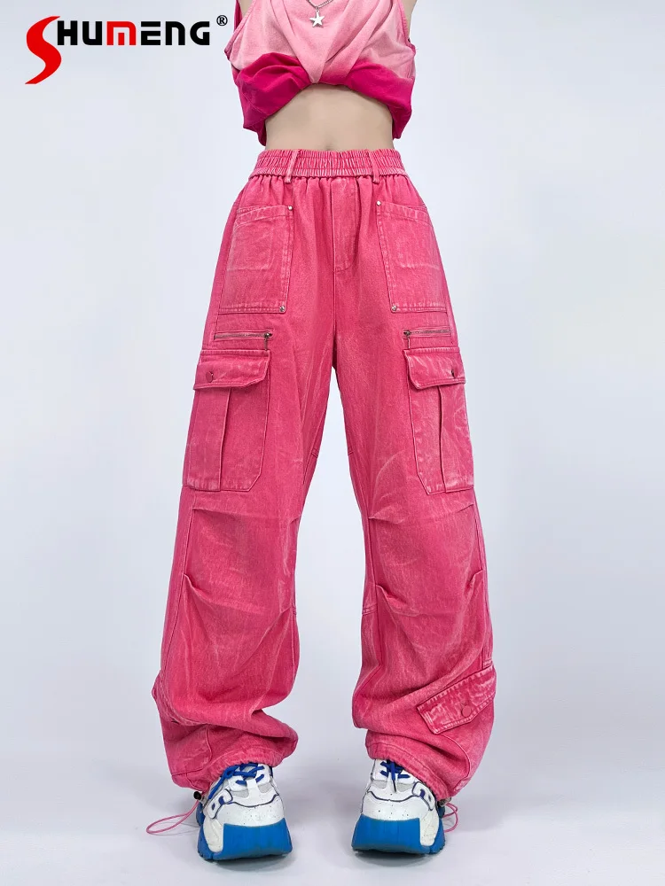 

New Heavy Industry Multi-Bag Straight Denim Pants Elastic Waist Casual Women's Working Pants Drawstring Jeans Pants