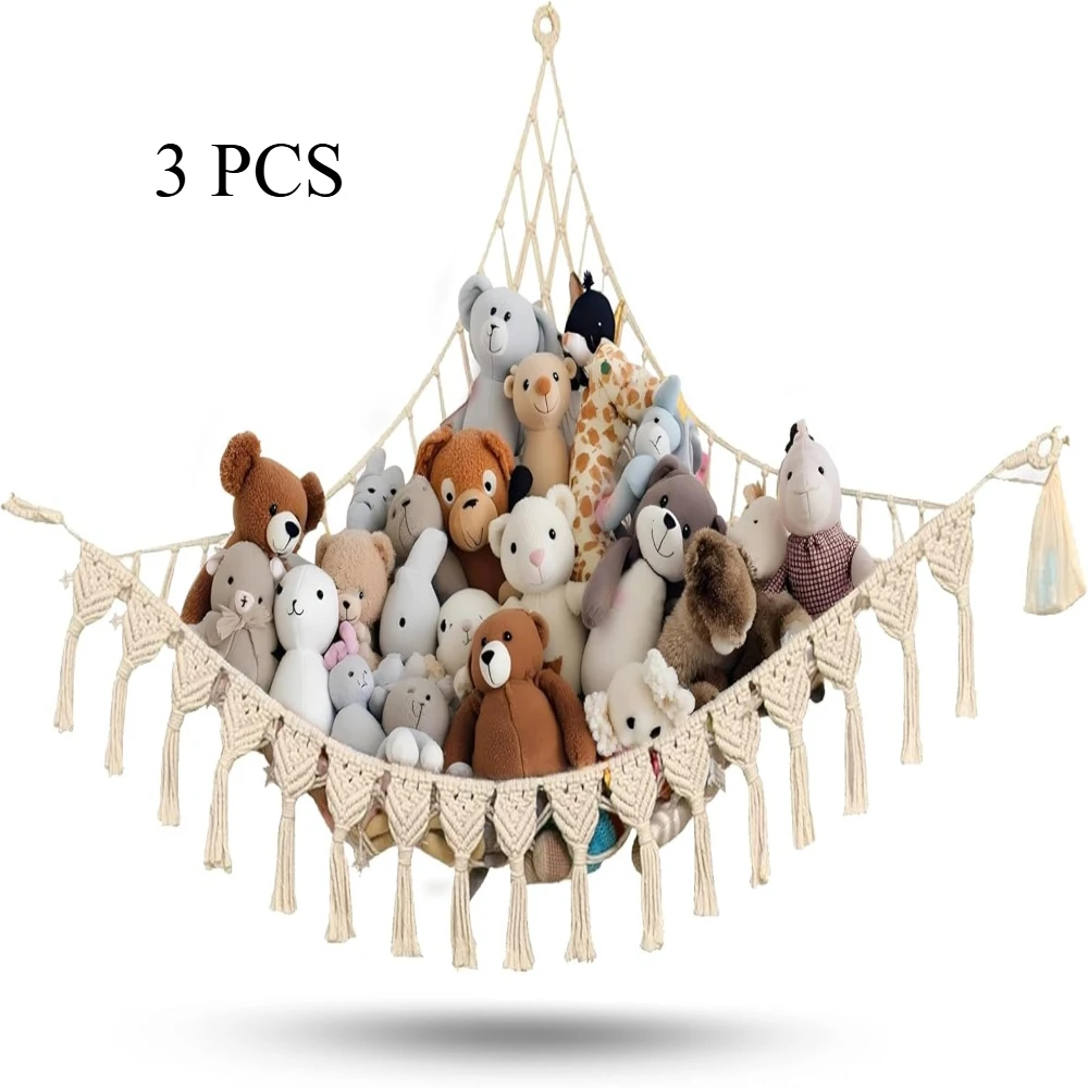 Stuffed Animal Storage Organizers Corner Hanging Ne 60" L Stuffy Animal Hammock Macrame Toy Display Plush Toy Holder Wall, Kid Bedroom Decor Boho Nursery Playroom Organizer 60" L (Cream)