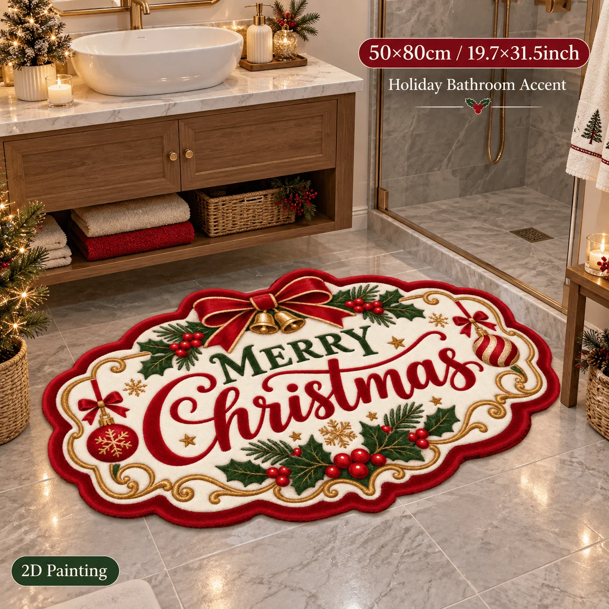 VIKAMA Merry Christmas Holly Bells Oval Bath Rug, Soft Flannel Non Slip Absorbent Washable Bath Mat, Fluffy Quick Dry