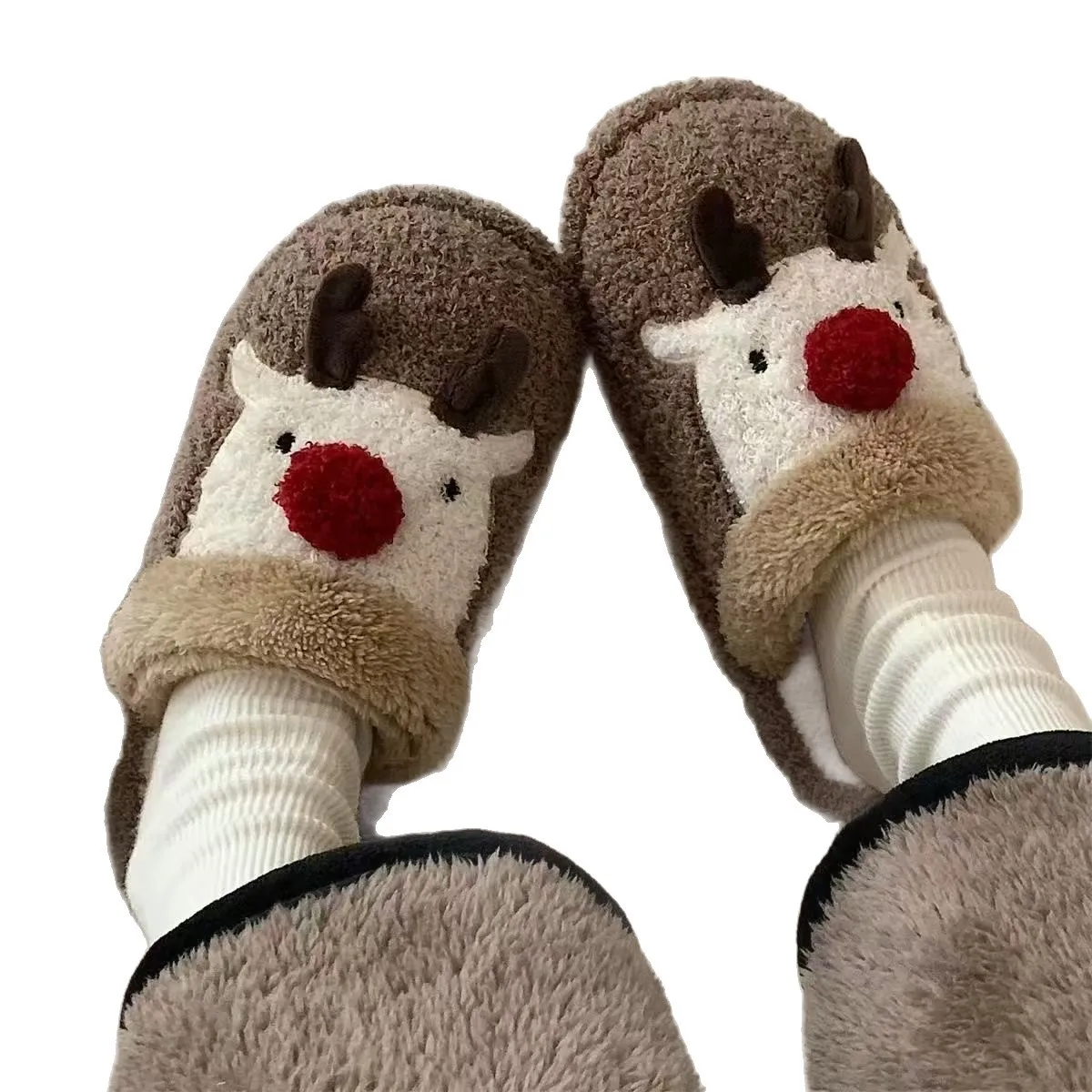 Cute Christmas Elk Cotton Slippers for Women in Winter Ins Fashion Home Anti slip Couple Plush Cotton Shoes for Men
