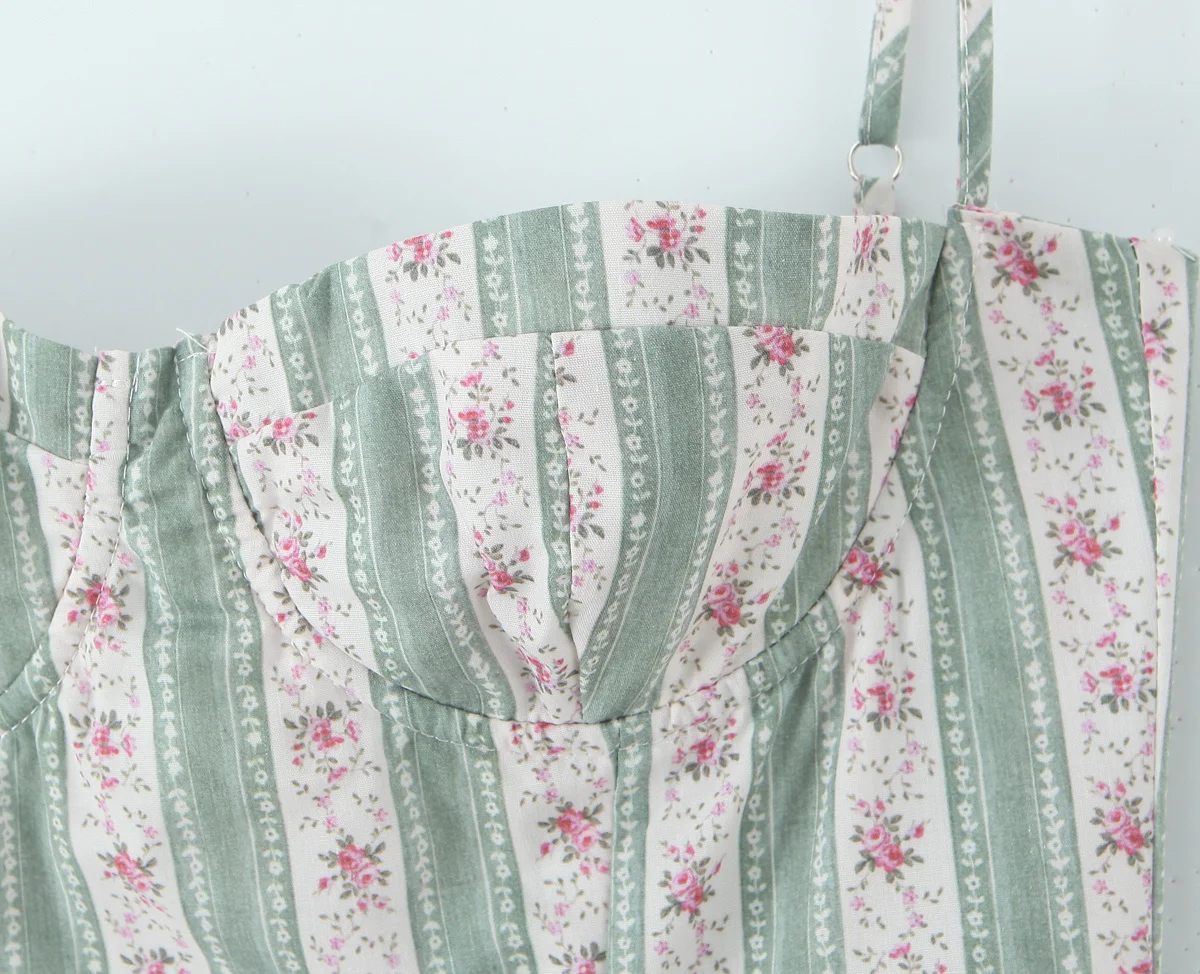 Suninbox สีเขียวลายดอกไม้พิมพ์สปาเก็ตตี้เซ็กซี่ชุดผู้หญิง A-Line Midi วันหยุดปาร์ตี้ฤดูร้อน Robe