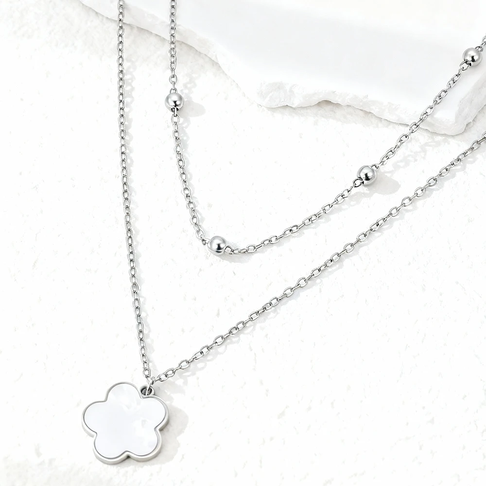 DGIDDK Stainless Steel Fritillary Five-Petalled Flower Pendant Double-Layer Necklace Women's Minimalist Fashion Collarbone Chain