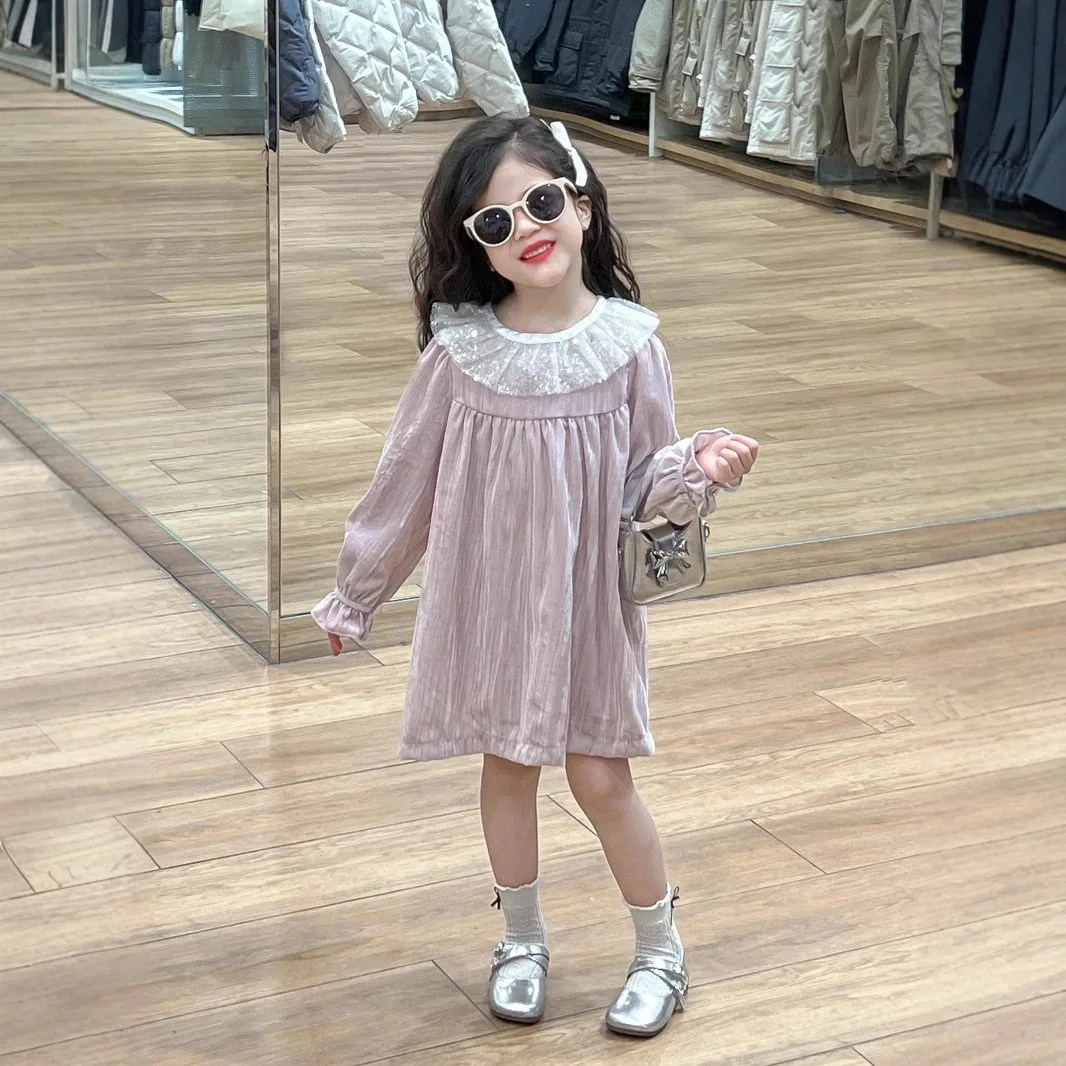 

Girls Dress Spring Pink Velvet Sequined Lotus Leaf Collar Princess Birthday Dress