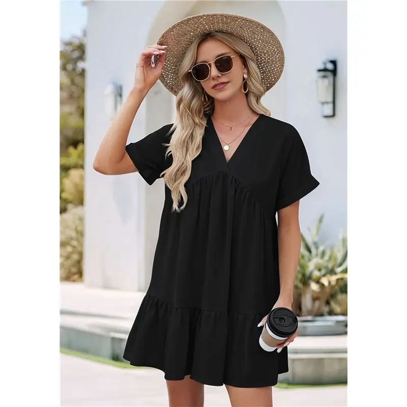 A09P Damen Kurzarm V-Ausschnitt Rüschensaum Solides Swing-Kittelkleid Lässiges, locker sitzendes Minikleid Sommer Strandkleidung