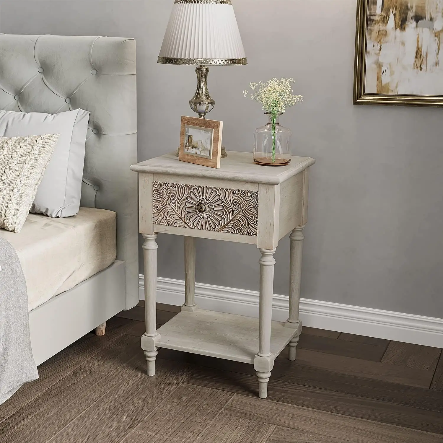 

Vintage Nightstand, MDF 2-Tier Bedside Table, Wood Accent End Table with Storage Drawer and Open Display Shelf