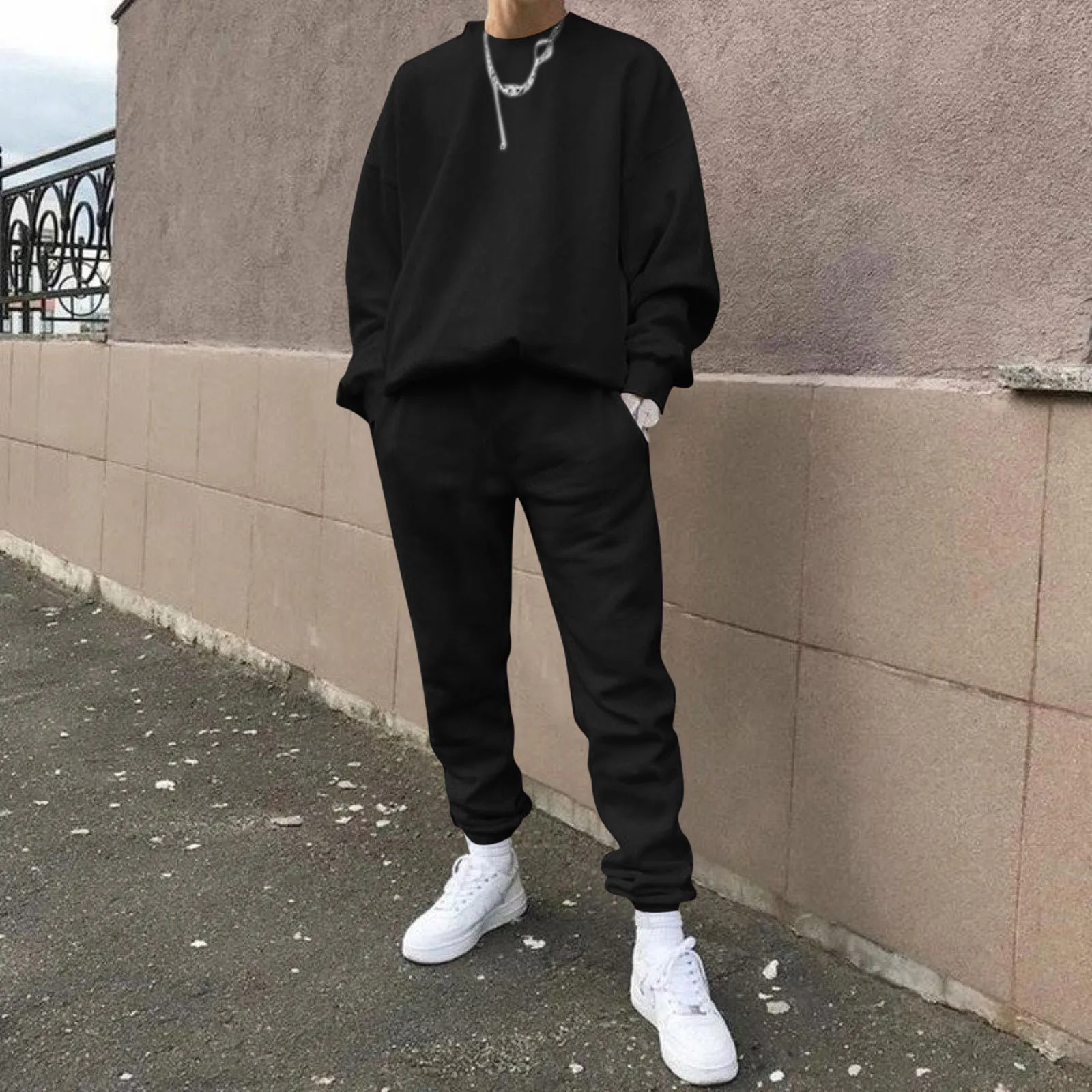 Male Casual Solid Two Piece Suit O Neck Off Shoulder Sleeve Sweatshirt Drawstring Pocket Pants Set Dresses for Men