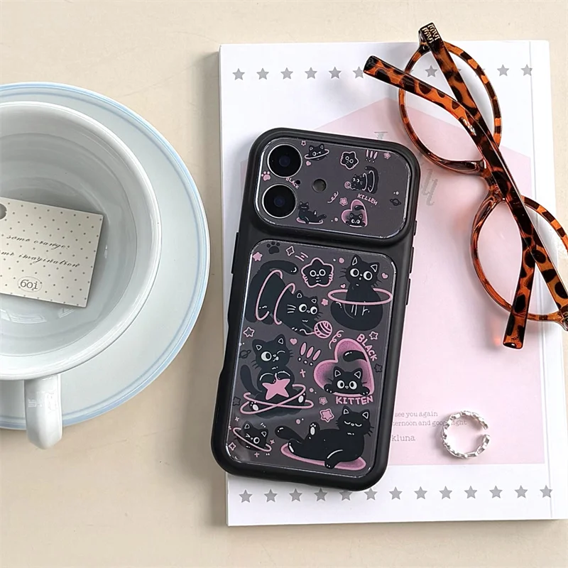 

Cute Cartoon Black Kitten Cat Phone Case with Pink Print Large Camera For iPhone 15 16 17 Pro Max Frame Shockproof Cover Girls