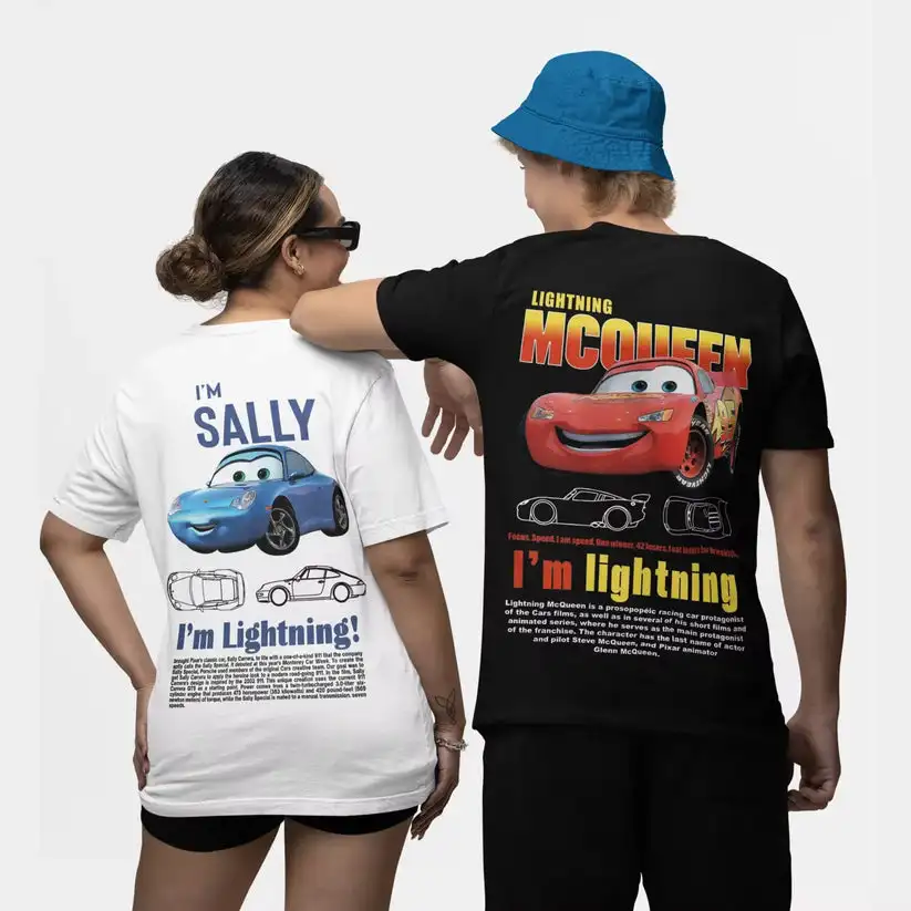 

Летняя футболка с молнией Mcqueen and Sally для пар, футболки с принтом Mcqueen Sally для мальчиков и девочек, хлопковые фанаты, подарочные топы, одежда