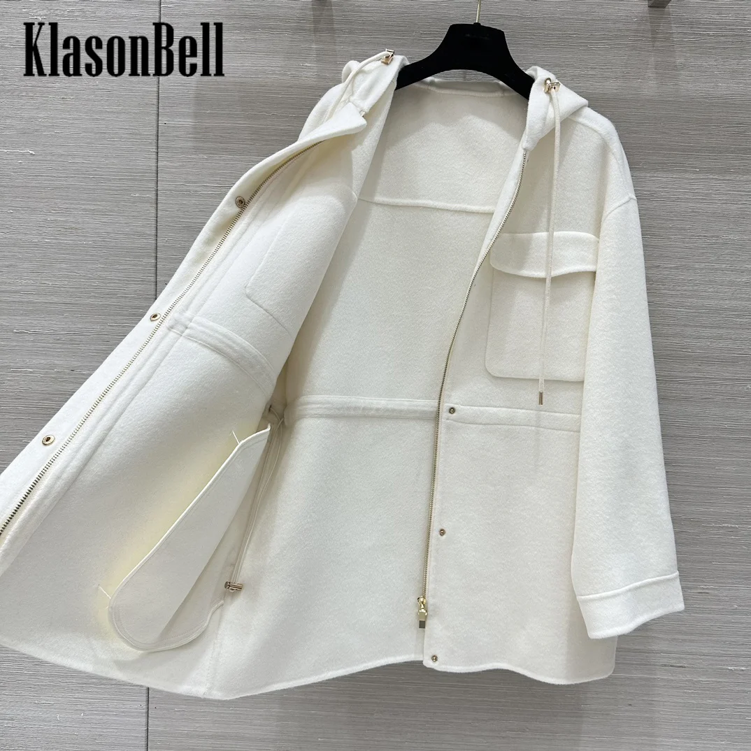 10.12 KlasonBell Women Clothes Vintage Fashion Hooded Drawstring Collect Waist Design Pocket Double-Sided Wool Coat