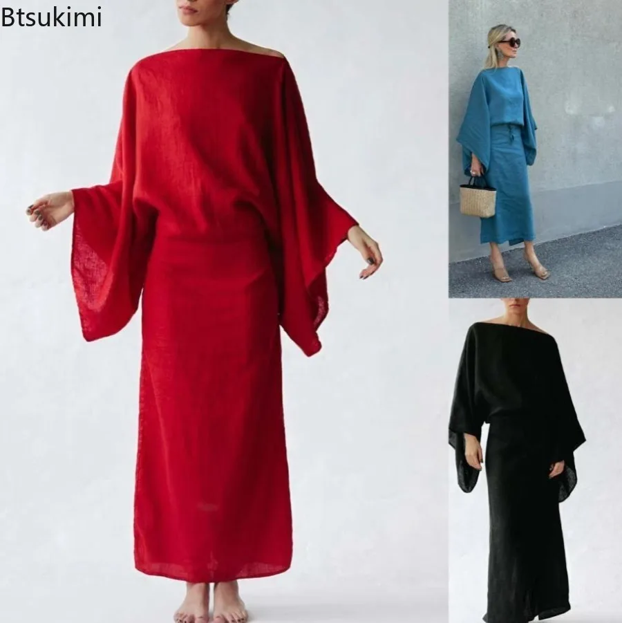 Spring Summer Women's Casual Cotton Linen Long Dress Solid Sexy Slash Neck Retro Party Dress Batwing Sleeve Tie-up Holiday Dress