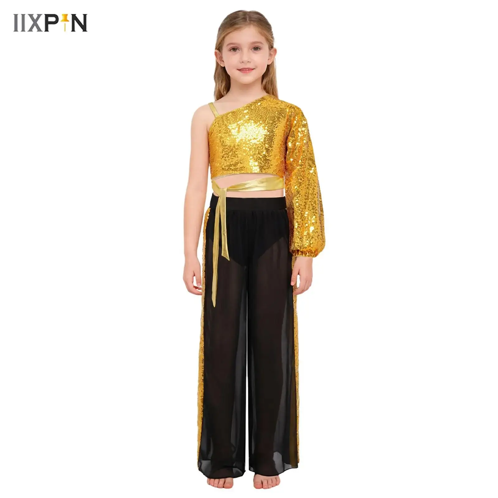 

Kids Girls Shiny Sequins Jazz Lyrical Dance Outfit One Shoulder Long Sleeve Zipper Self-Tie Crop Top with Chiffon Wide-Leg Pants