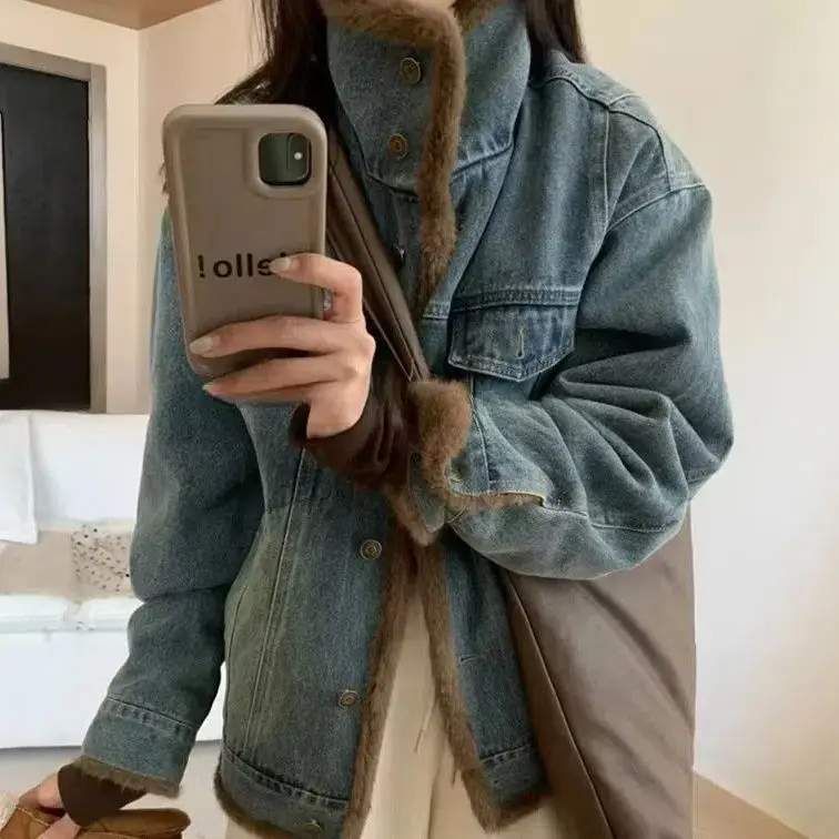 

Джинсовые пальто с длинным мехом, плюшевые женские переходные сезонные, облегающие, элегантные, в консервативном стиле, для повседневного офиса, с защитой от запаха, эластичные, софтшелл, OL