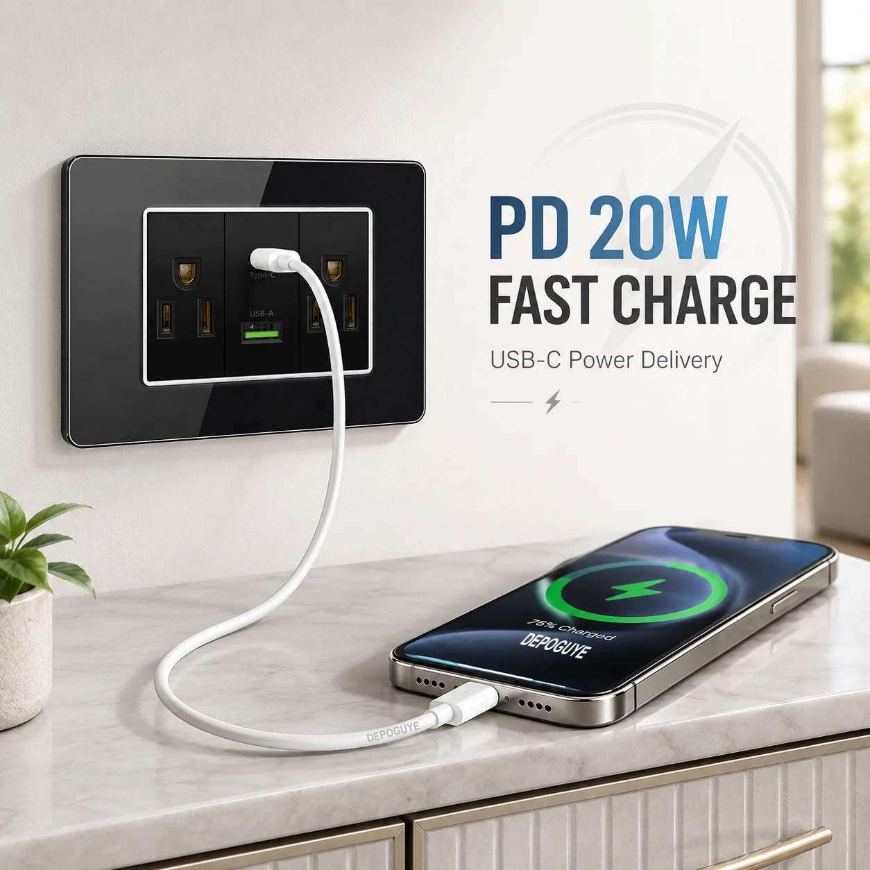 American Thai Standard USB Type-C 20W Fast Charging Power Outlet, Mexico with Smart USB C 3A Socket Wall Electric Light Switch image 2