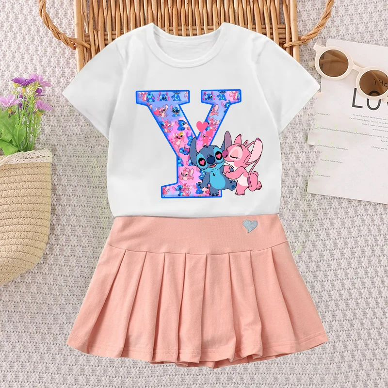 ステッチエンジェル Tシャツスカートセット女の子ディズニーアニメ手紙 A-Z Tシャツプリーツドレス子供夏半袖スカート子供 Clorhes