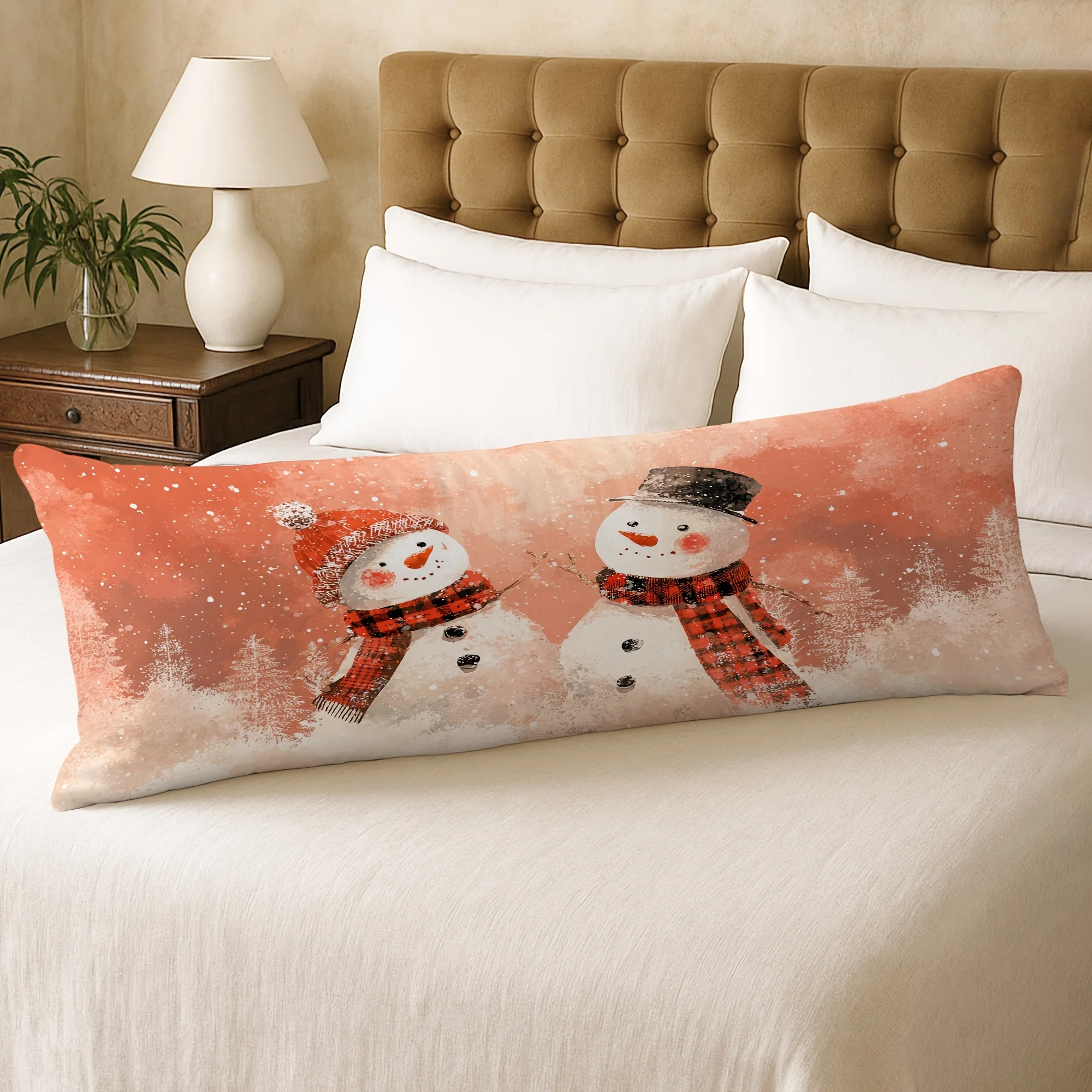 1pc Large Watercolor Winter Snowman & Pine Tree Body Pillow Cover - Contemporary Bedspread Case Suitable for Sofa, Bed, Living R