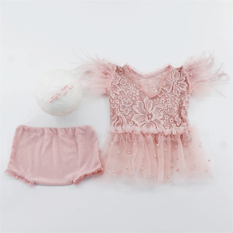 Fairy Newborn Photography Clothing Outfits Flamingo Feathers Infant Lace Dress Panties Pearls Headband 3pcs Sets Photo Costumes