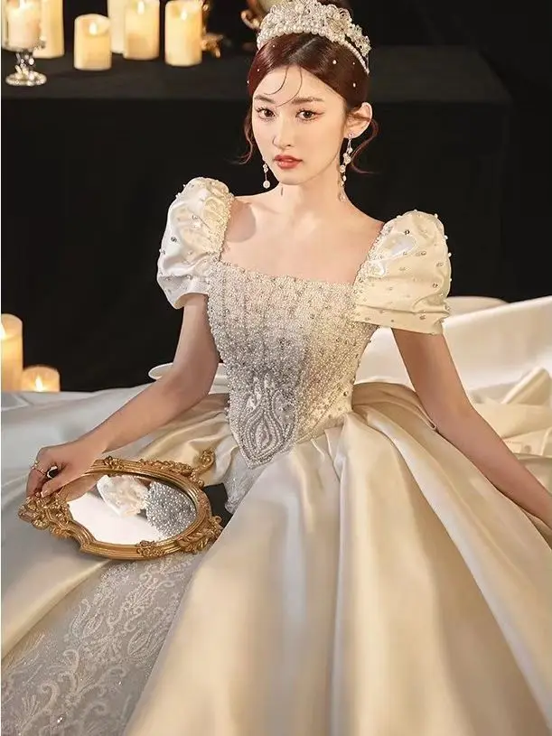 Satin High Quality Retro Palace Style Trail Wedding Dress Classic Princess Wedding Gown Romantic Bridal Dresses