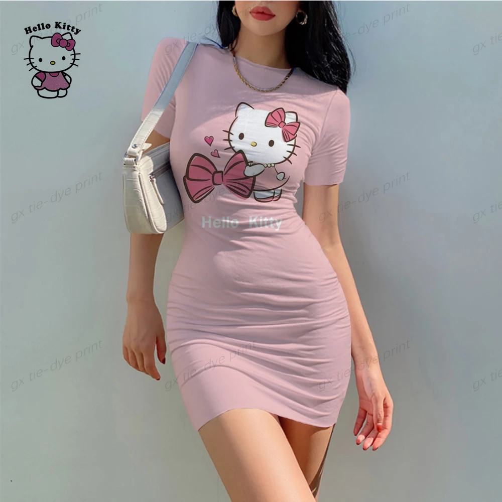 

Hello Kitty Women's Summer Mini Party Dress 2024 Slim Hip Sexy Tight Y2K Short Sleeve Round neck Night Club Mini Dresses Clothes