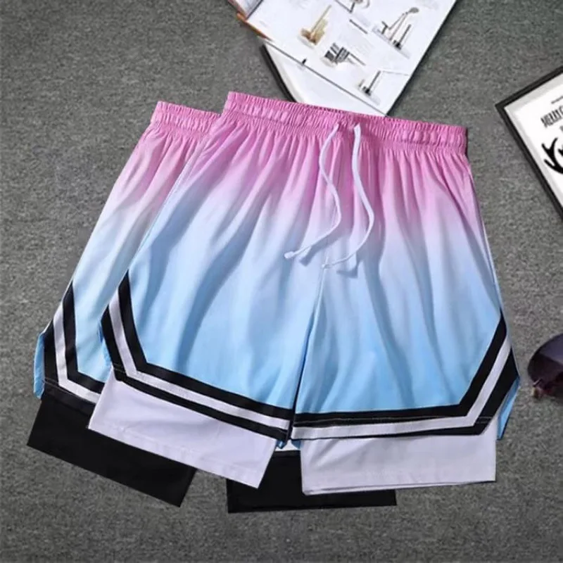 กางเกงขาสั้นลำลองสองชั้นของผู้ชายกางเกงขาสั้นหลวมกีฬาชายวิ่งออกกำลังกายบาสเก็ตบอลเทรนนิ่งแฟชั่นฤดูร้อน2023