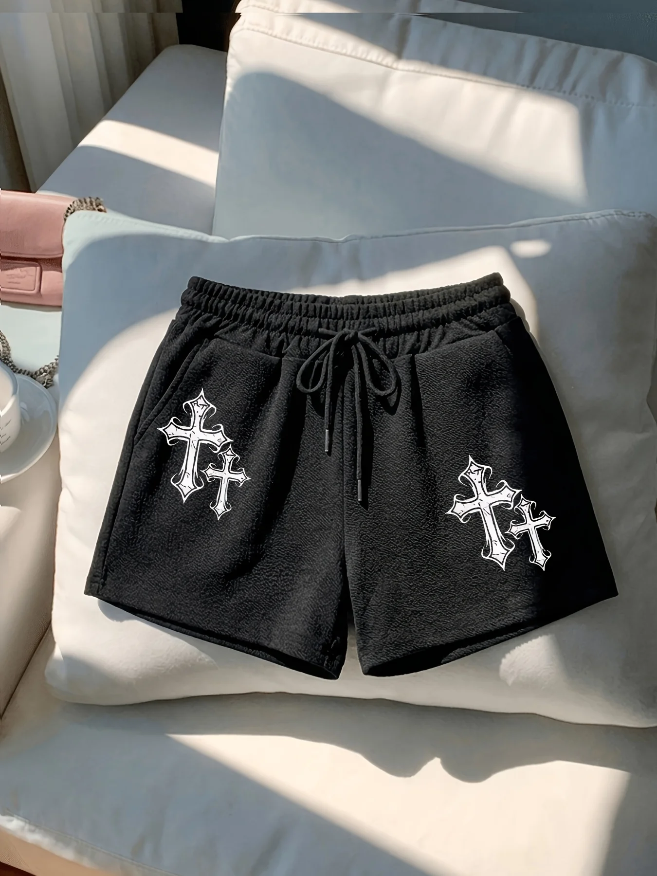 Gothic Cross Print Shorts, Dark Style, Drawstring Elastic Waist, Loose Fit, Subculture Outfit, Summer Hot Pants