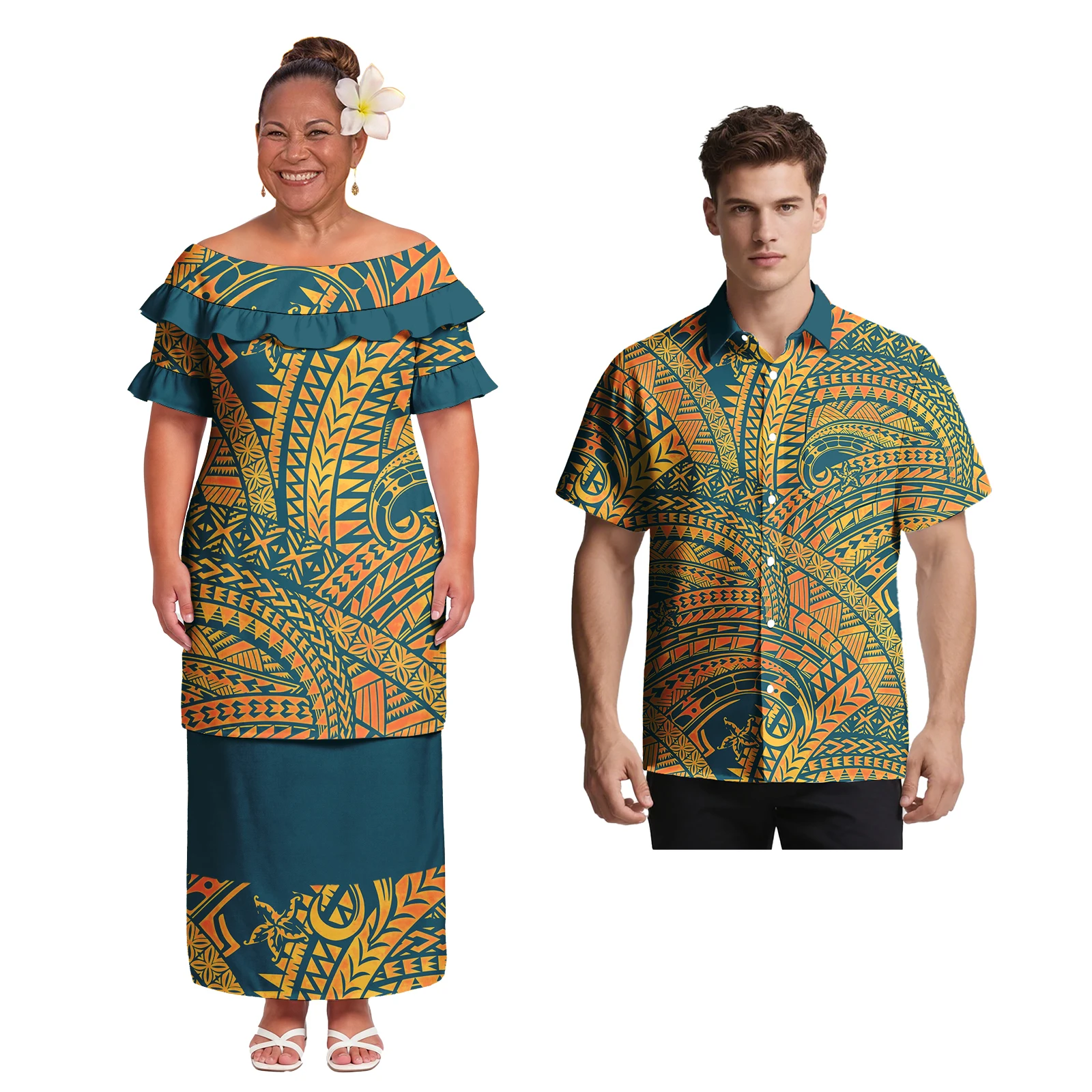Hawaiian Men's Fashion Casual Shirts Samoan Women Church Puletasi Dress Polynesian Tribal Style Print Matching Couple Outfits
