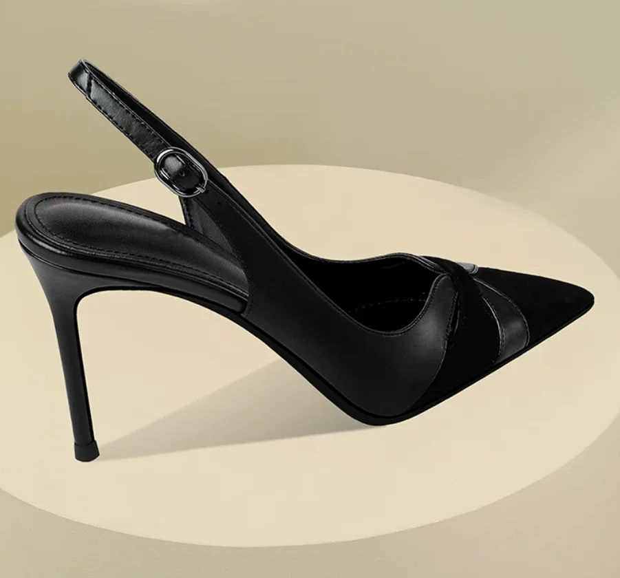 New pointed spliced velvet bread head sandals for women with slim heels and versatile back hollow high heels
