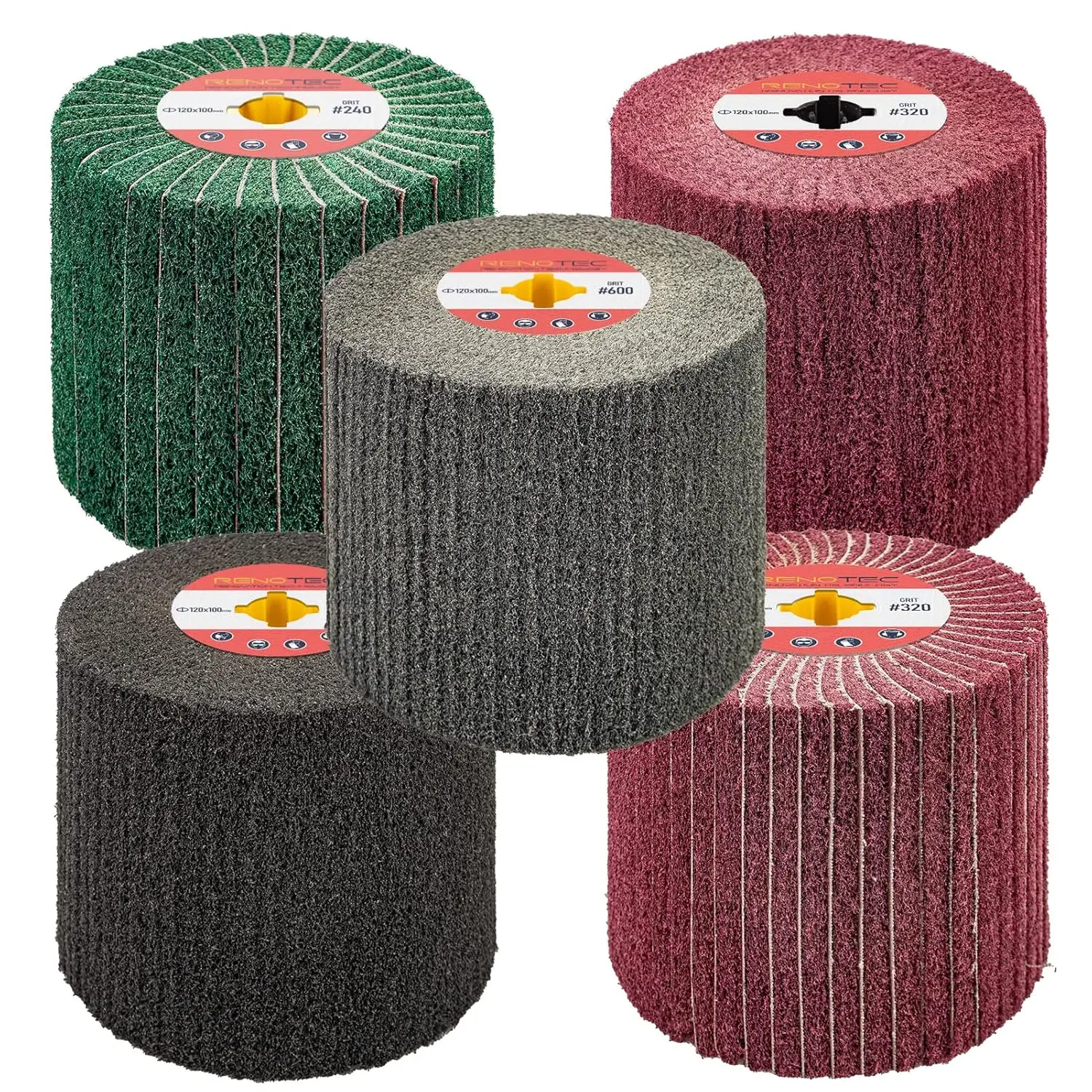 

Non-Woven Flap Wheel, 120x100mm, for Stainless Steel Satin Finishing and Metal Polishing (240-600 Grit Set)