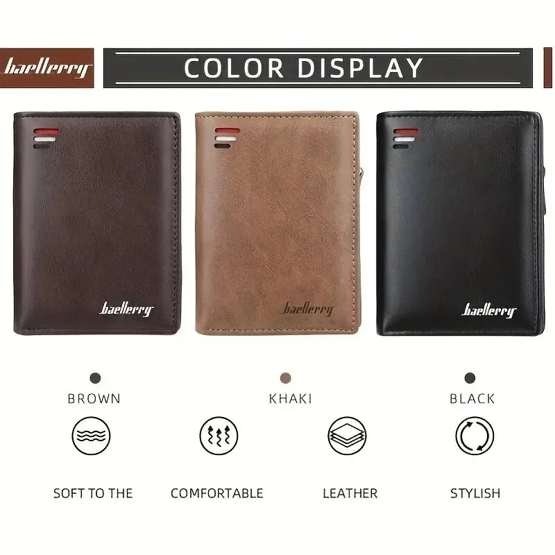 Baellerry New Men PU Leather Short Wallet With Zipper Coin Pocket Vintage Big Capacity Male Short Money Purse Card Holder