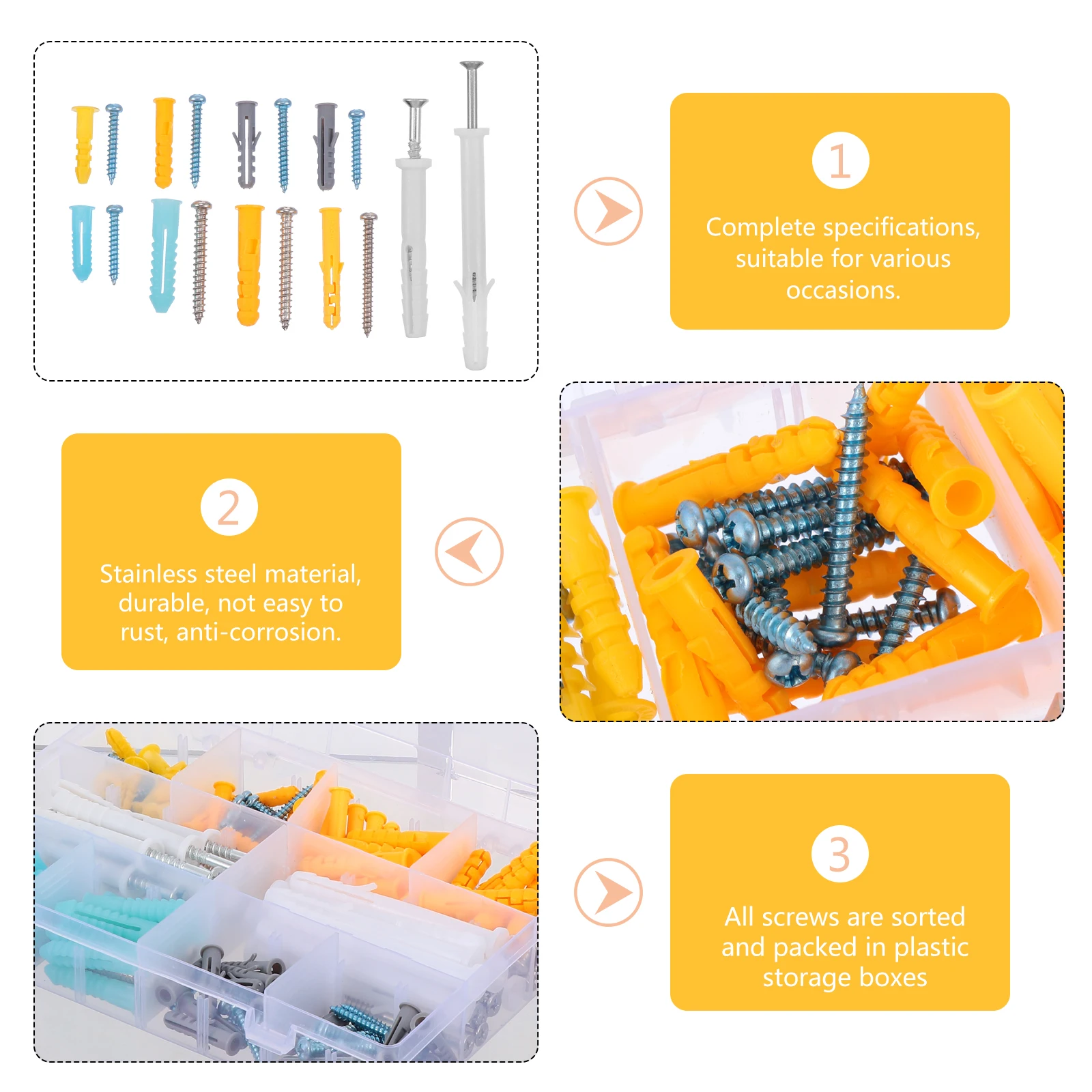 

200pcs Screws Kit Stainless Steel Self Tapping Expansion Plastic Storage Case Assorted Bolts Various Occasions Wallboard