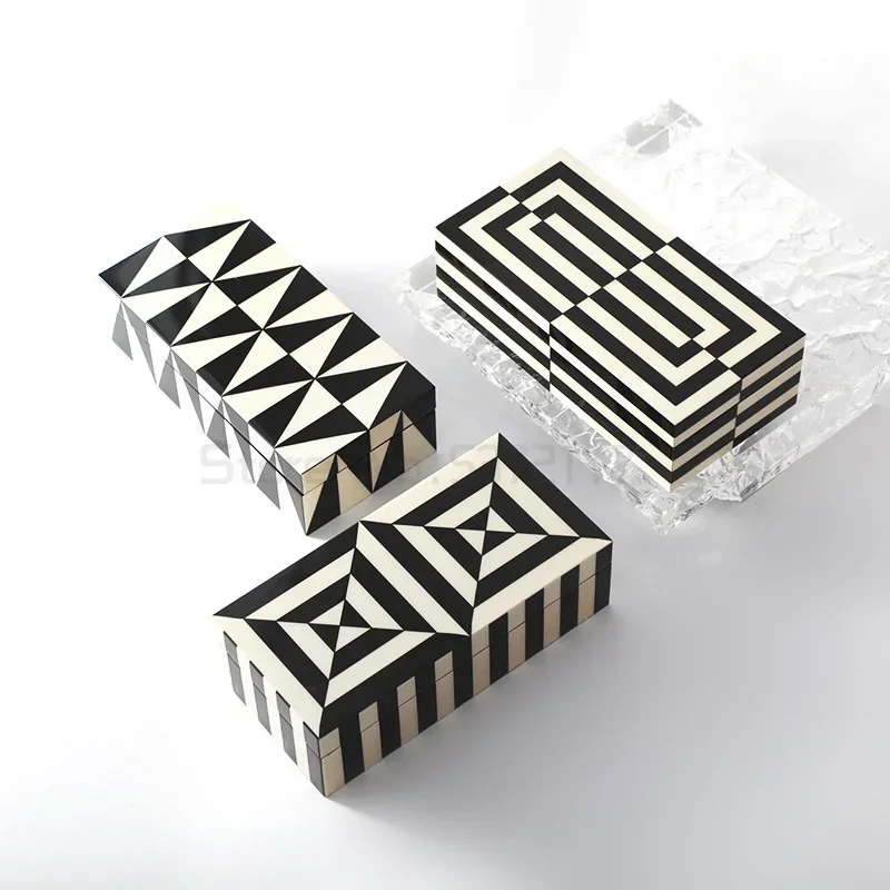 Elegant Glossy Piano Lacquer Home Decor Black White Stripes Jewelry Organizer Box Tray Display Stand Stylish Storage Decorative