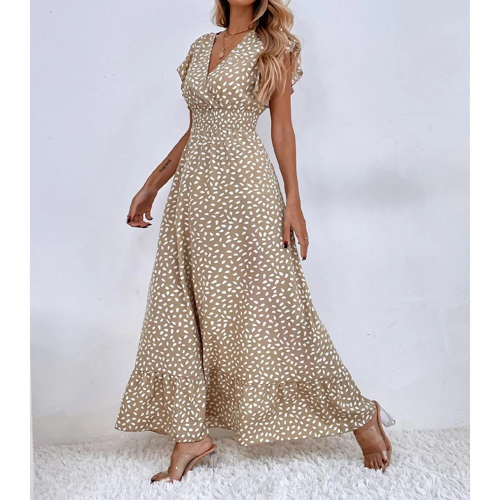 Spring Summer Women's Clothing, Fully Printed V-Neck dress, 2024 New Elegant Lotus Leaf Sleeve Pleated Waist A-line Skirt