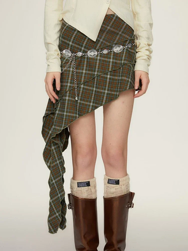 Retro brown green plaid skirt 2024 spring/summer new skirt edge design short skirt half  LOOSE FIT  skirts