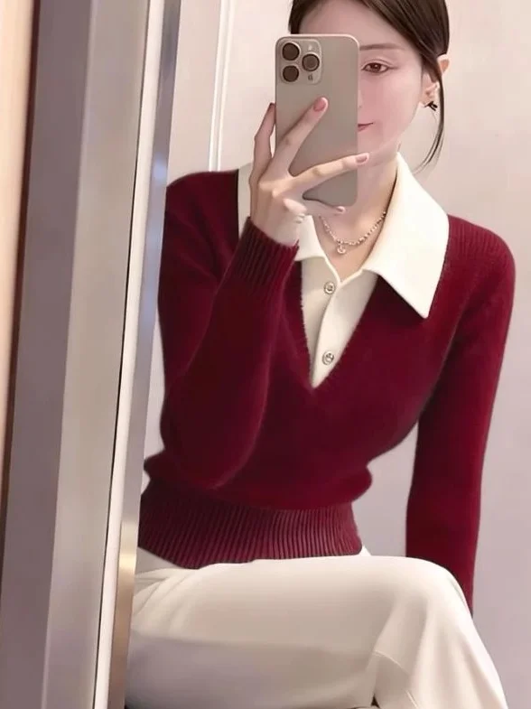 Soft Cozy Korean Style Women's Knitted Sweater Light Beige Long Sleeve Crew Neck Pullover Fake Two-Piece Autumn New Arrival