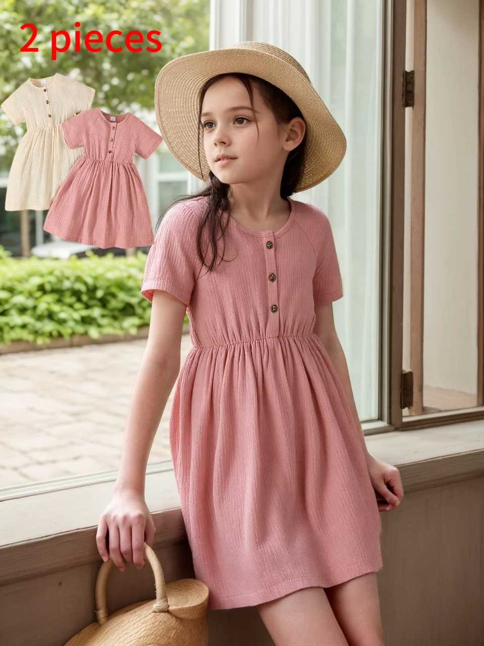 

2-Pack Girls Solid Color Short Sleeve round Neck Casual Comfortable Dress Suitable for Spring/Summer Daily Wear