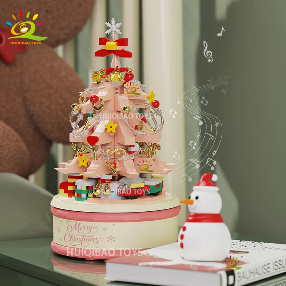 HUIQIBAO enfants arbre de noël père noël Mini boîte à musique modèle Micro briques bloc de construction briques à monter soi-même jouets pour cadeau adulte